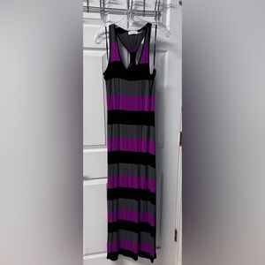 Calvin Klein maxi dress.  Size 8.  Black hot pink and gray stripes.  Never worn.